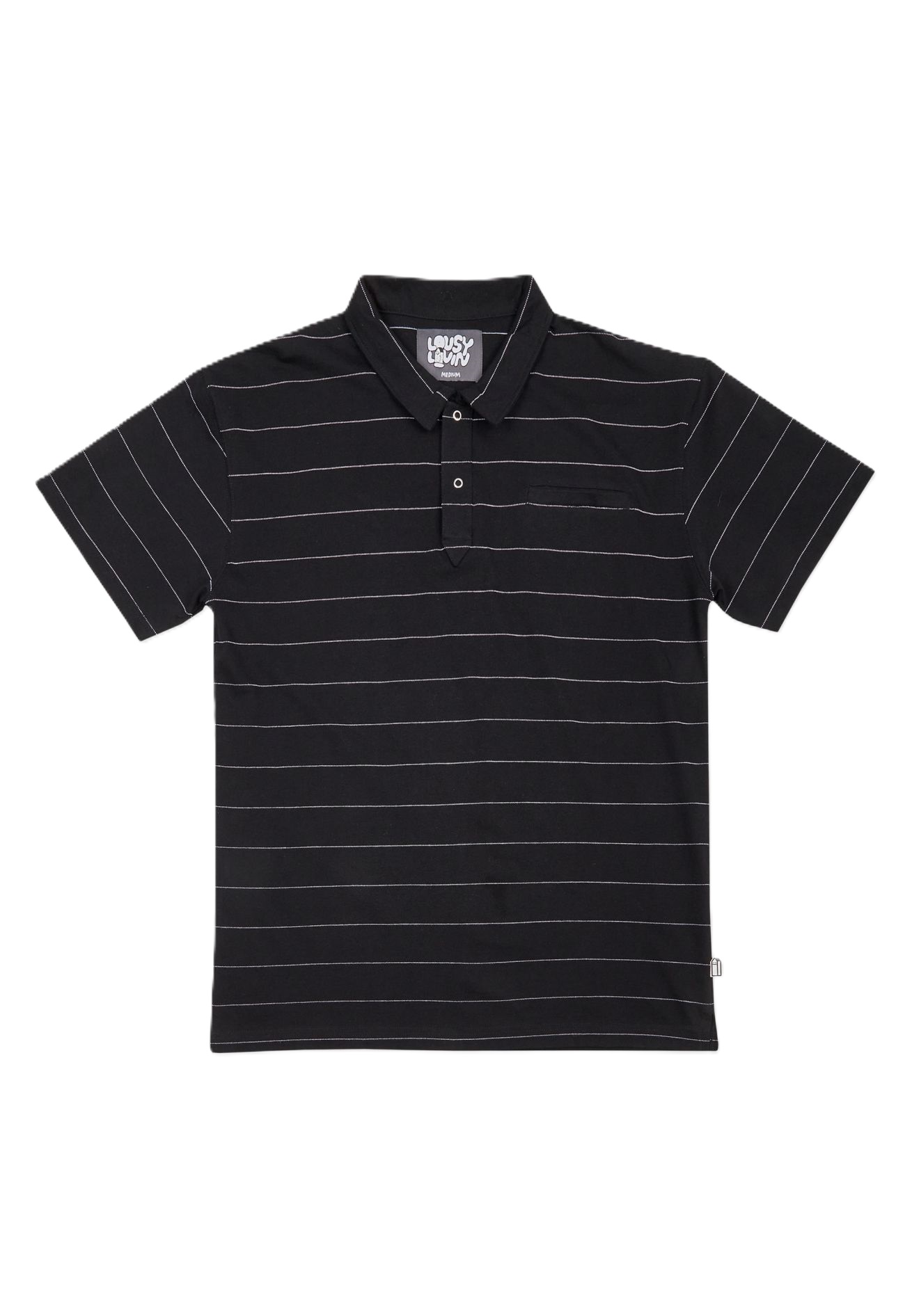 Schwarzes kurzärmeliges Polo-Shirt von Lousy Livin mit feinen, horizontalen weißen Streifen und kleiner Brusttasche auf weißem Hintergrund.