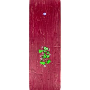 Oberseite eines hölzernen, dunkelrot gebeizten Lousy Livin Skateboard-Decks mit sichtbarer Holzmaserung und einer kleinen neongrünen Alien-Grafik in der Mitte.
