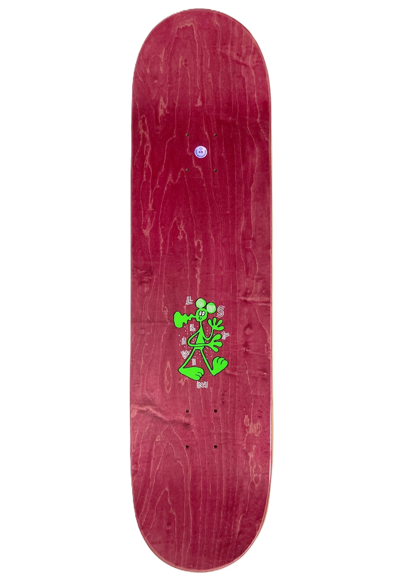 Oberseite eines hölzernen, dunkelrot gebeizten Lousy Livin Skateboard-Decks mit sichtbarer Holzmaserung und einer kleinen neongrünen Alien-Grafik in der Mitte.