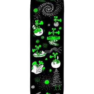 Unterseite eines schwarzen Lousy Livin Skateboard-Decks, das vollflächig mit neongrünen Comic-Aliens, Galaxien, Sternen und Planeten im Weltall-Design bedruckt ist.
