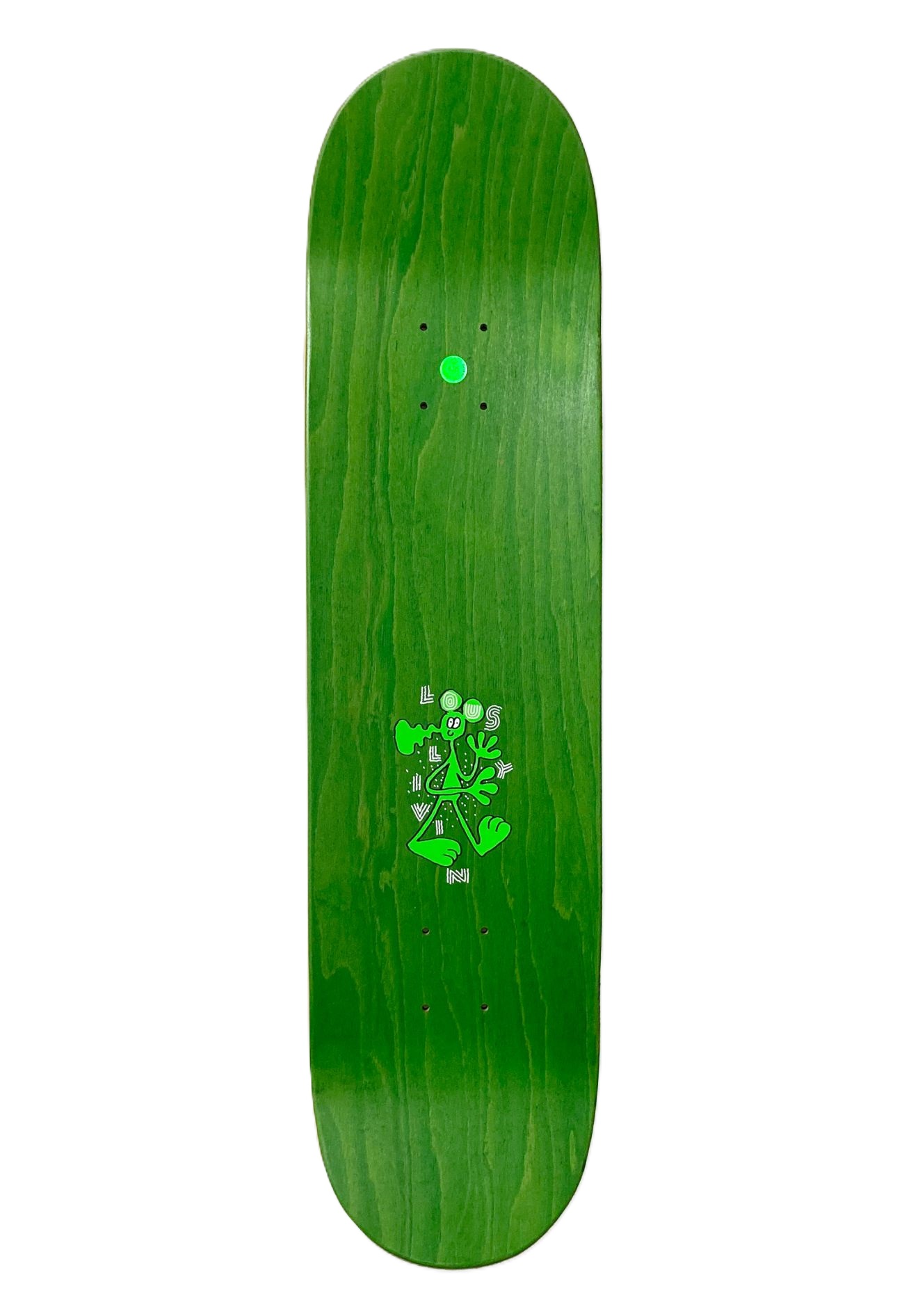 Oberseite eines hölzernen, grün gebeizten Lousy Livin Skateboard-Decks mit sichtbarer Holzmaserung und einer kleinen, neongrünen Alien-Grafik im Zentrum auf weißem Hintergrund.
