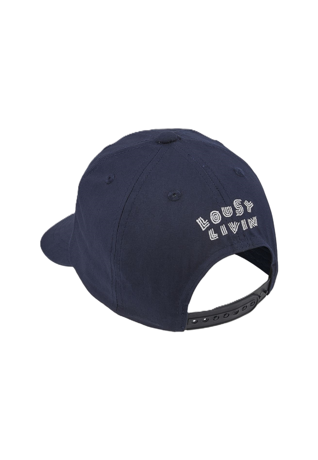 Rückansicht einer dunkelblauen Cap von Lousy Livin mit verstellbarem, schwarzem Snapback-Verschluss aus Kunststoff und weißem Logo-Stick auf weißem Hintergrund.