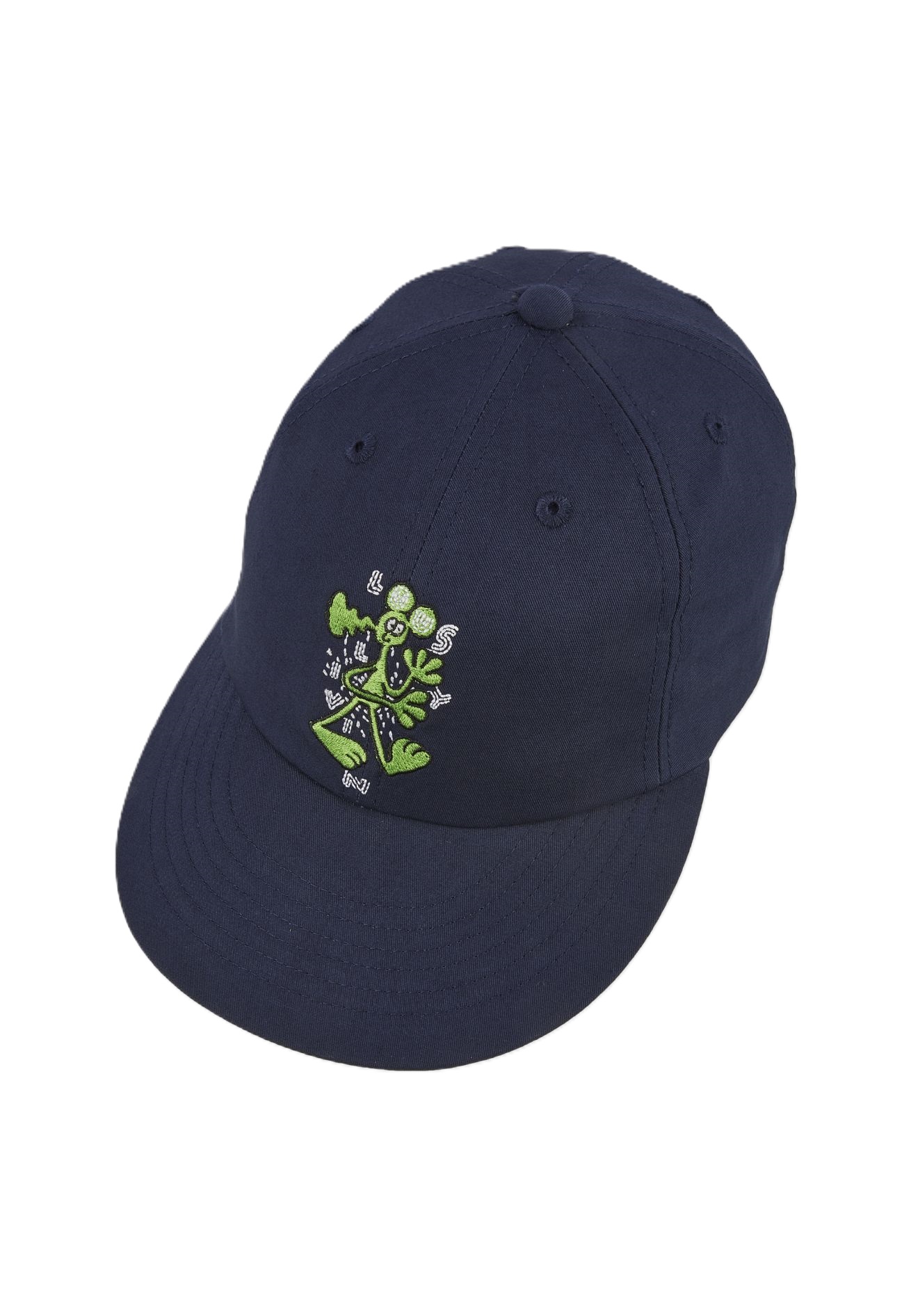 Vorder- und Draufsicht einer dunkelblauen 6-Panel-Cap von Lousy Livin mit einer neongrünen Alien-Stickerei auf der Front und leicht gebogenem Schirm.