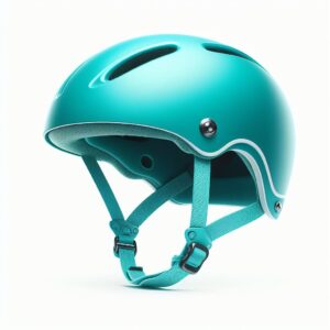 Türkisfarbener, matter Skate-Helm in der Seitenansicht vor weißem Hintergrund, mit grauen Belüftungsschlitzen und verstellbaren Kinnriemen.