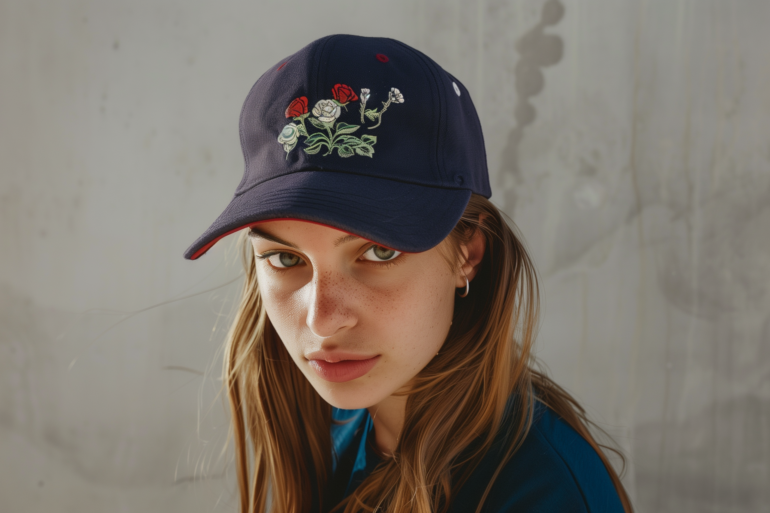 Nahaufnahme einer dunkelblauen 6-Panel-Cap mit detailreicher, gestickter Rosen-Grafik (rote und weiße Rosen mit grünen Blättern) auf der Front, getragen von einem Model.