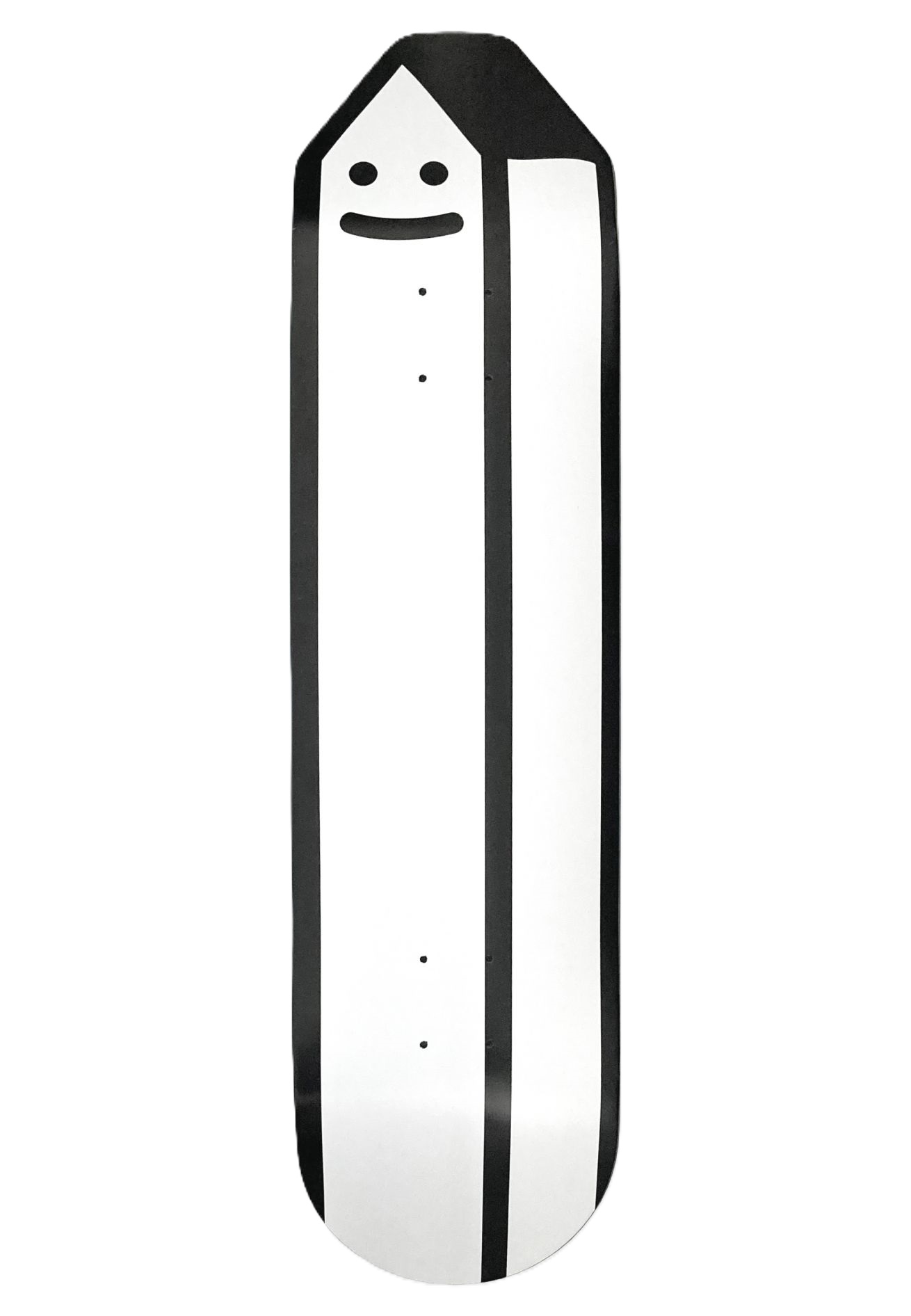 Unterseite eines Lousy Livin Skateboard-Decks mit einem minimalistischen, schwarz-weißen Grafikdesign, das ein lachendes, stilisiertes Haus oder einen Stift darstellt.